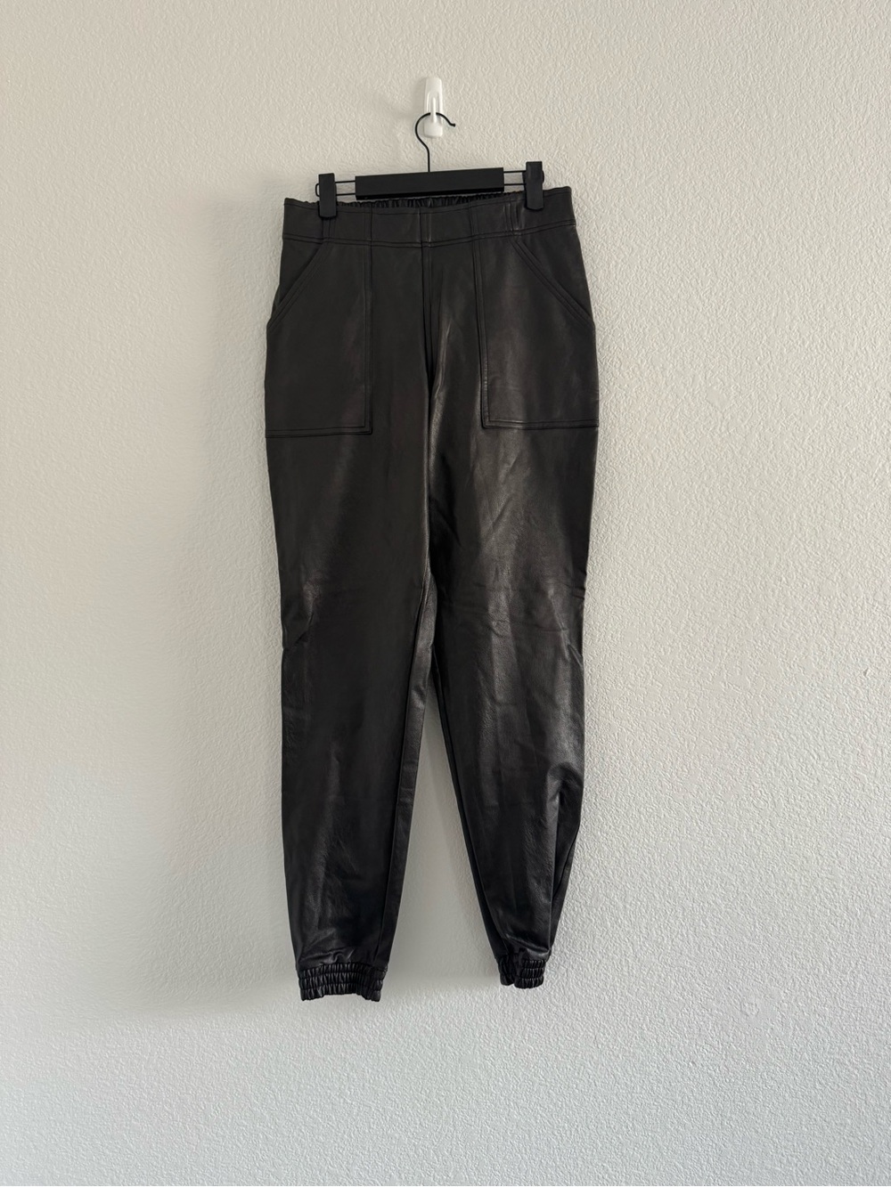 Spanx Black Faux Leather Jogger Pants with Patch Pockets